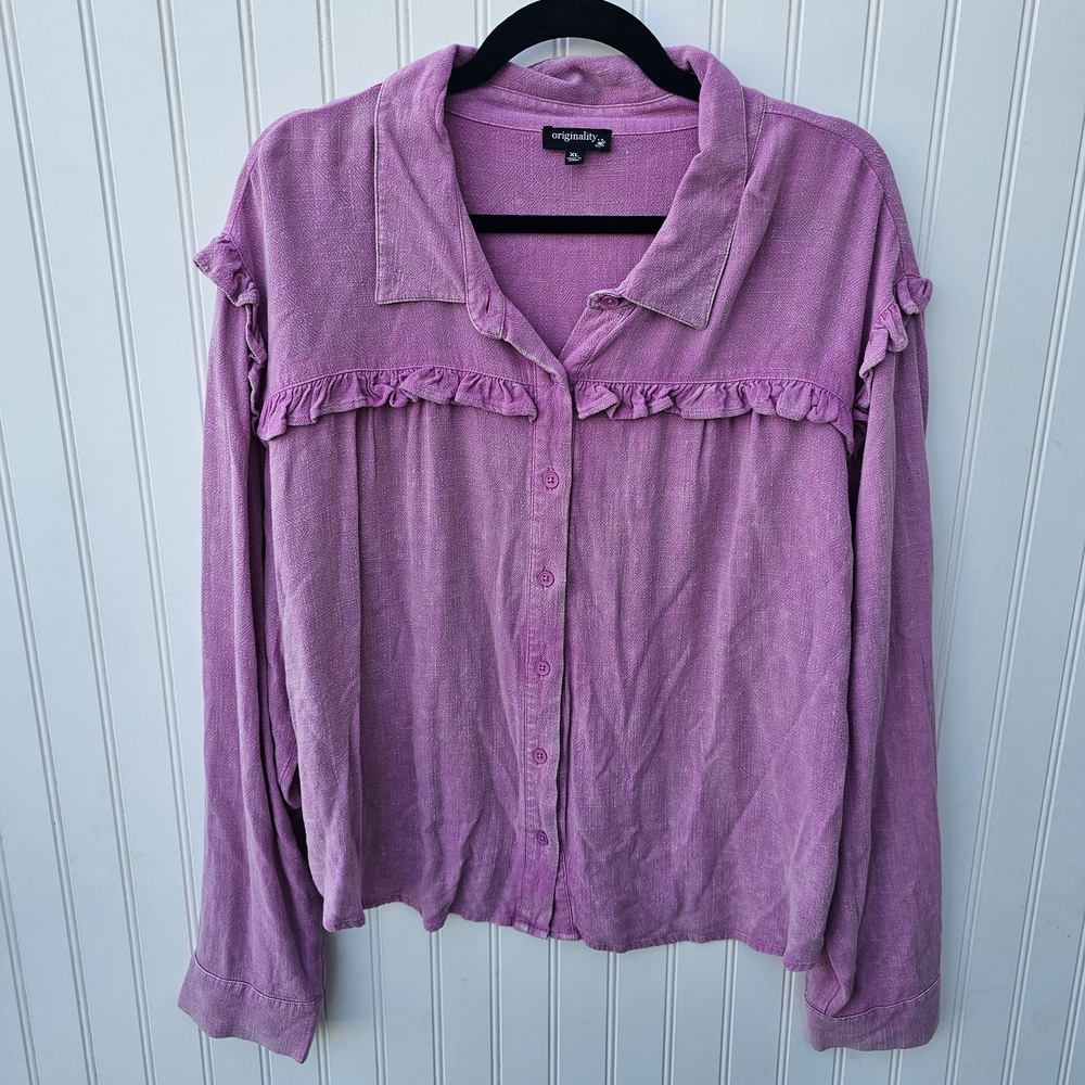 Origionality Pink/Purple Weathered Look Button-Up Top Ruffled Detail Womens XL